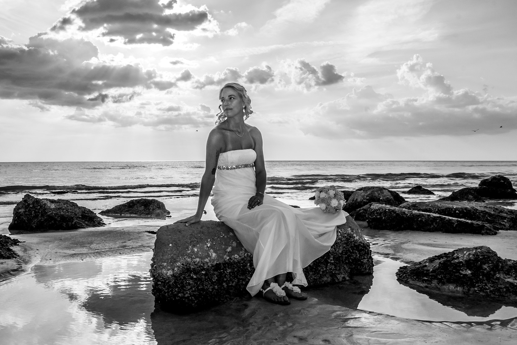 Black and white beach wedding portrait